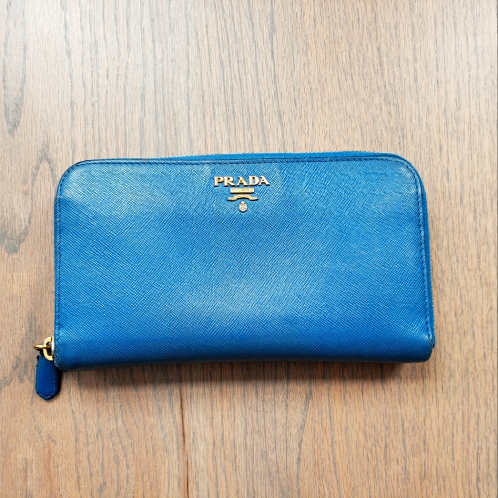 Prada Blue Saffiano Zip Wallet